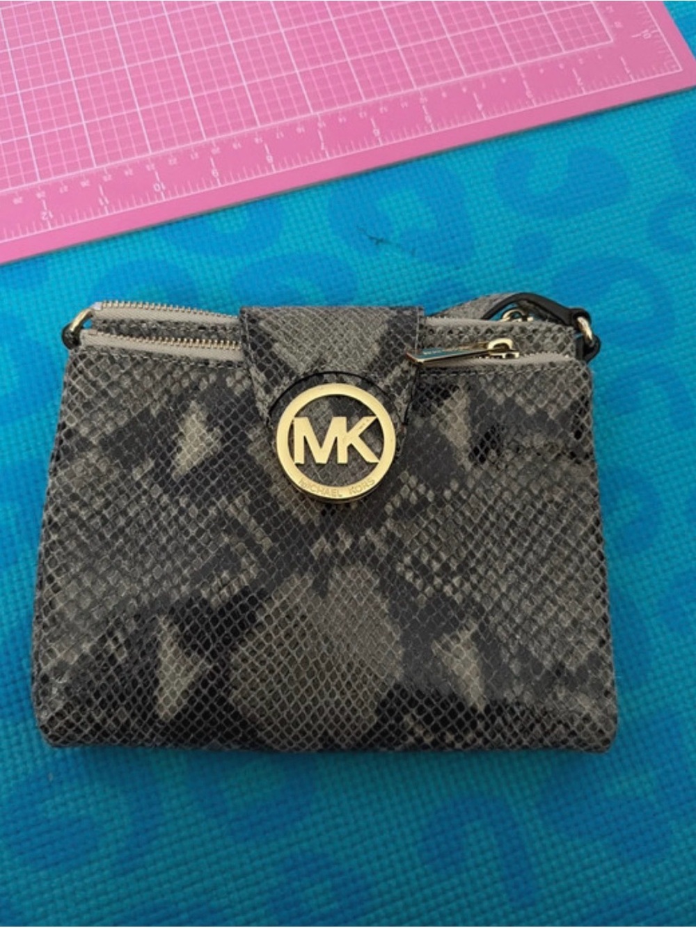 Michael Kors Black Gray Snake-Embossed Crossbody Wallet Purse with Gold Logo